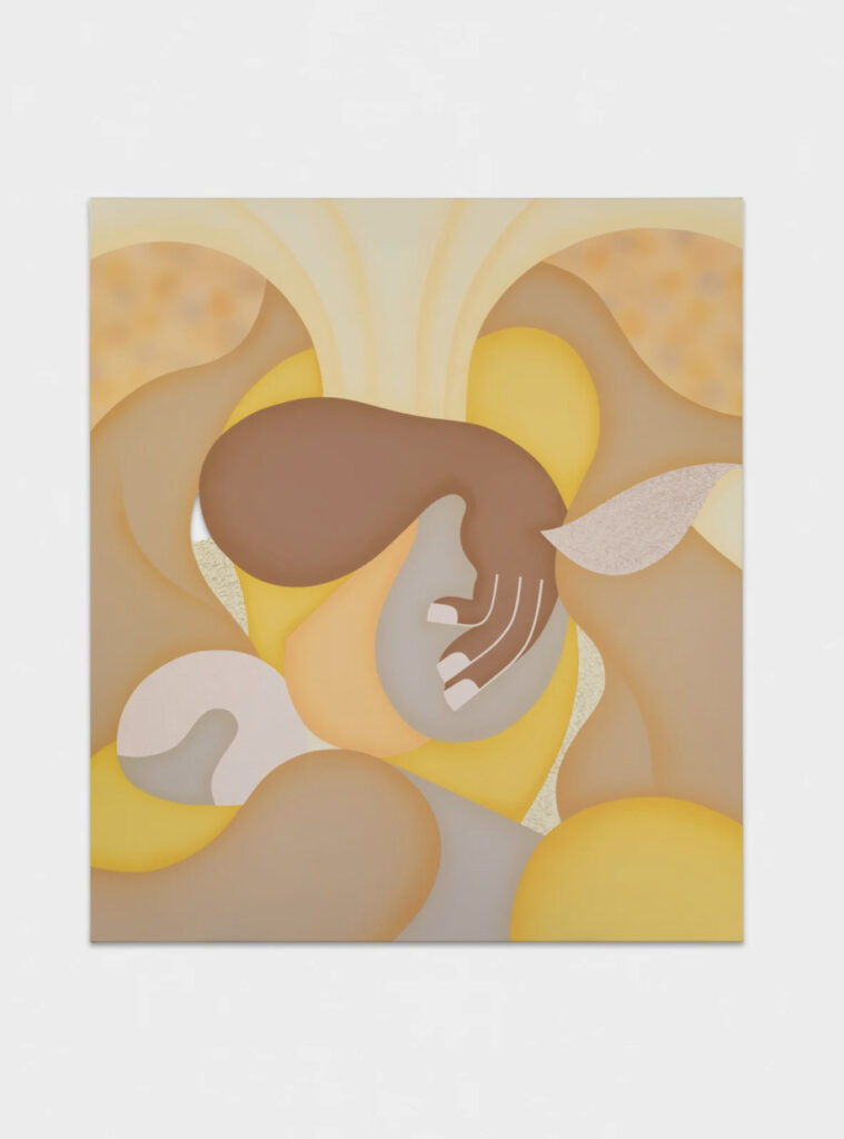 bstract painting with smooth, swirling shapes in warm tones of brown, yellow, and cream. The composition evokes a sense of harmony and fluidity.