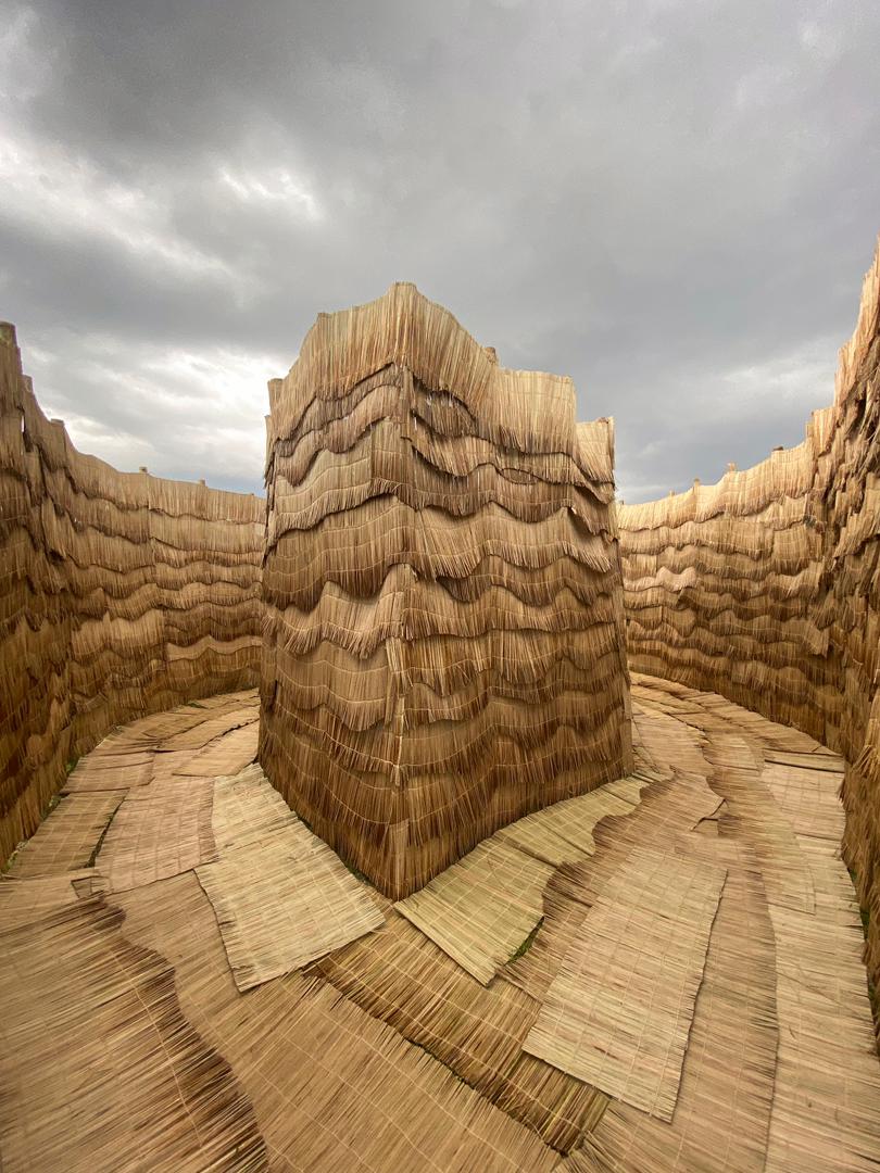 Tall, wavy walls of straw or reed create a labyrinth under a moody, cloudy sky. The natural texture and earthy tones suggest an organic, artistic structure.