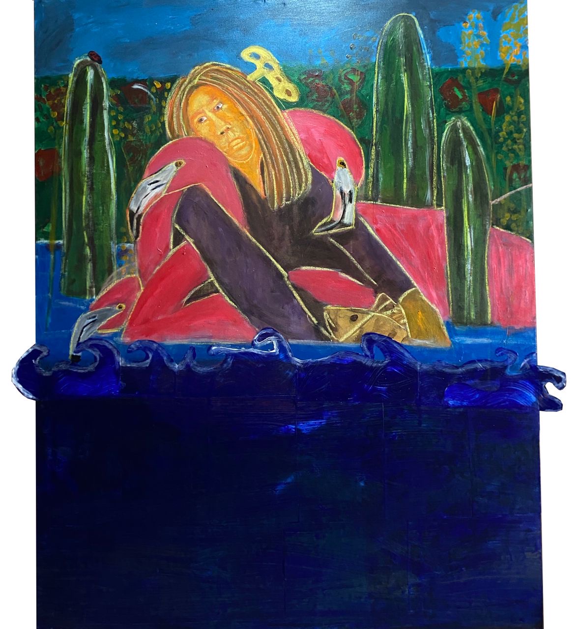 Alt text: A person in dark clothing sits on a large pink flamingo float in water, surrounded by trees and lush greenery. The scene feels surreal and whimsical.