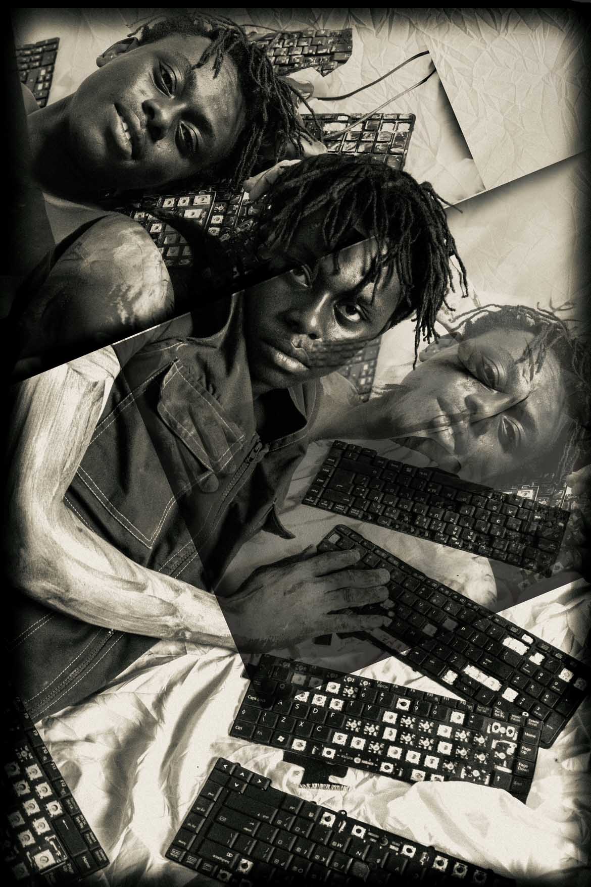 Artistic black-and-white image of three overlapping faces on a bed surrounded by detached keyboards. The mood is introspective and surreal.